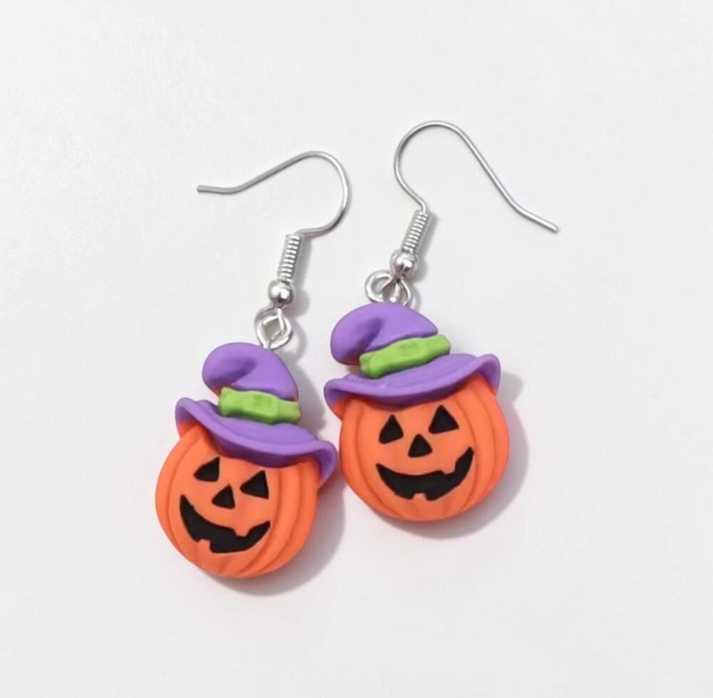 Pumpkin & Purple Witch Hat Dangle Earrings